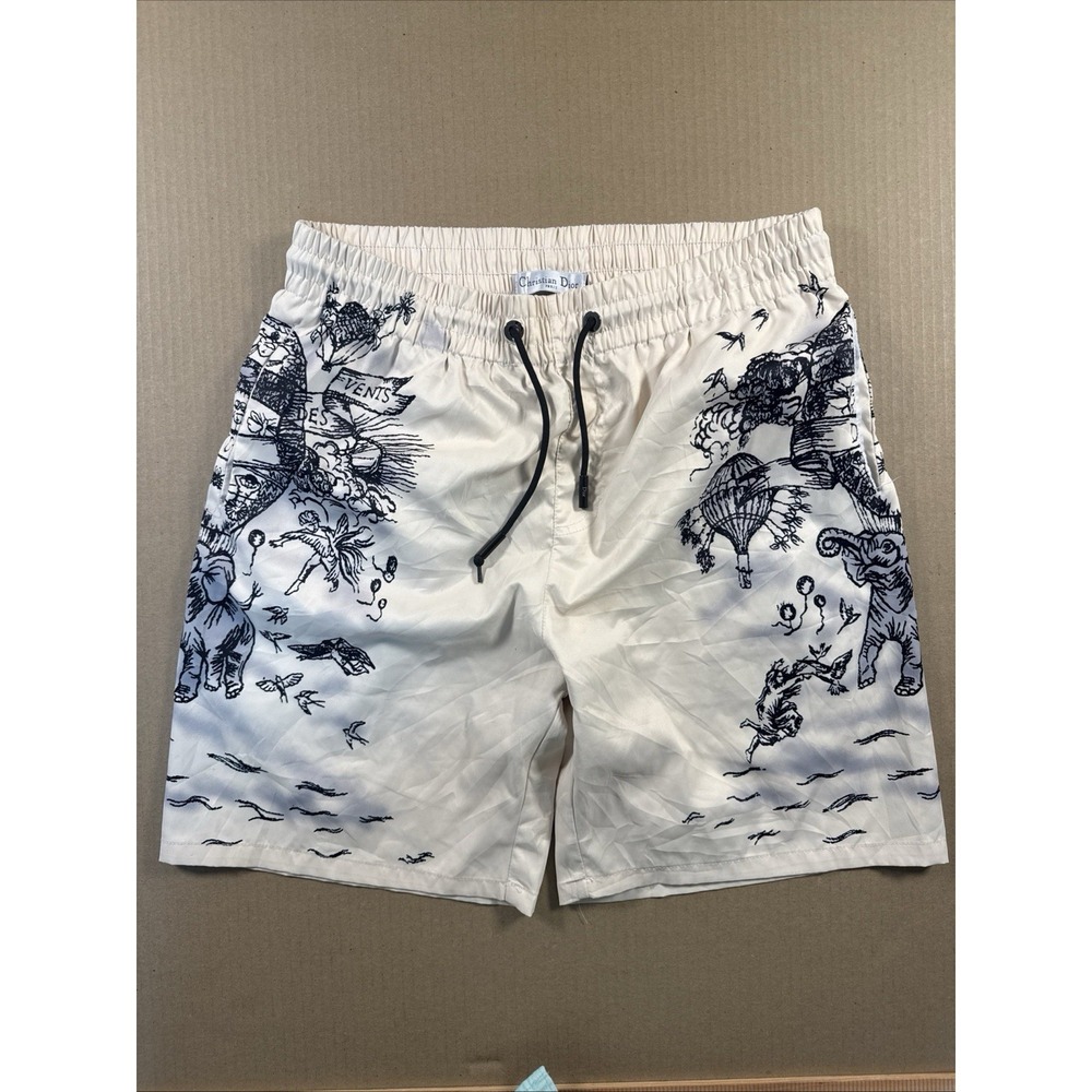 Christian Dior Cream/Black Graphic Swim Shorts Elastic Waist Drawstring